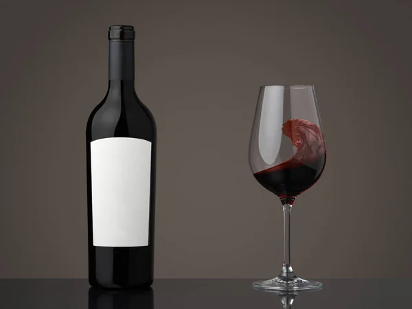Vinflaska Med Vinglas Rött Vin Våg Ett Glas — Stockfoto