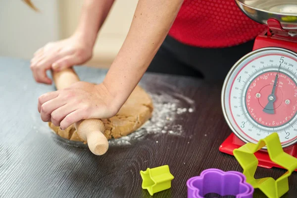 Young house wife kneading pastry for gingerbread