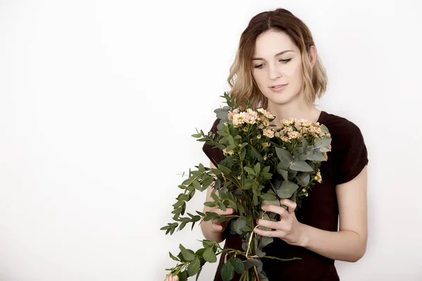 girl with a bouquet of flowers, happy flowers