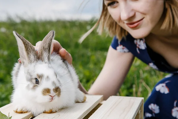 Mladá Dívka Trochou Králíka Žena Králík Náručí Domácí Zvířata Zelené — Stock fotografie