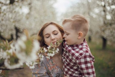 Anne ve oğlu çiçek açan bahçede. Baharda doğada bebekle yürümek. Grojcu Bahçesi.