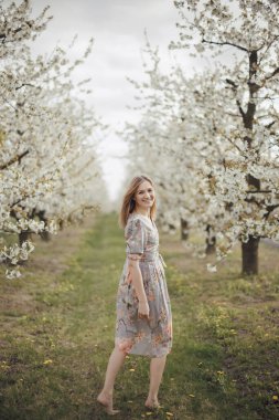 Çiçek açan bahçede güzel bir kız. Kiraz bahçesi. Sring Kavramları. Pozitif 'in yakın plan portresi. Çiçekli bir bahar bahçesinde kokan mutlu genç bir kadın..
