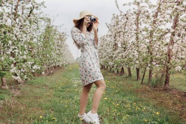 Doğa fotoğrafçısı dışarıda fotoğraf çekiyor. Şapkalı ve elma bahçesinde giyinmiş güzel bir kız. Şehrin dışında açık hava. Çiçek açan ağaçların arasında kameralı şık bir kadın..