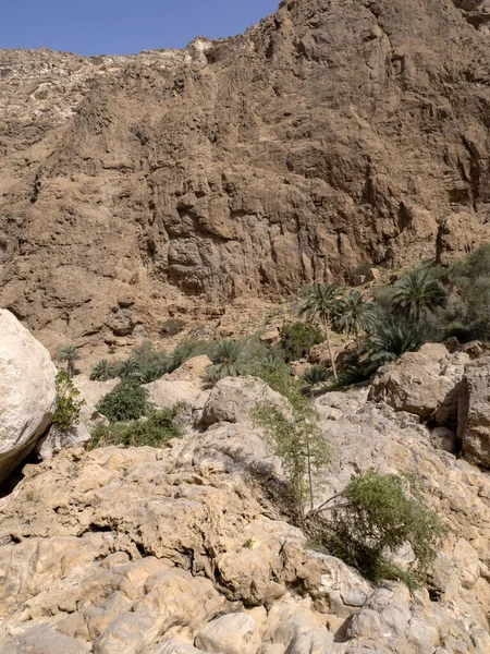 Wadi Shab Gyönyörű Táj Magas Sziklák Patak Tiszta Vízzel Omán — Stock Fotó