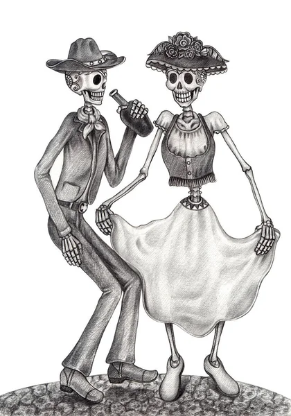 Arte Pareja Bailando Cráneos Boda Día Los Muertos Dibujo Mano — Foto de Stock