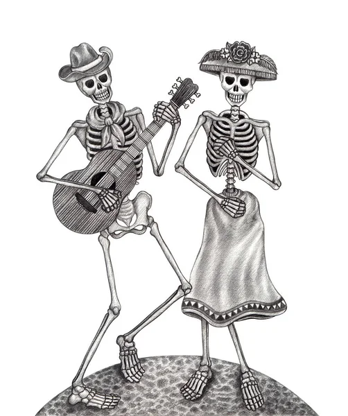 Art Couple Dancing Skulls Dia Dos Mortos Desenho Mão Sobre — Fotografia de Stock