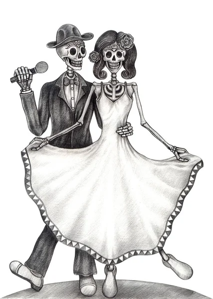 Arte Pareja Cráneos Boda Día Los Muertos Dibujo Mano Sobre — Foto de Stock