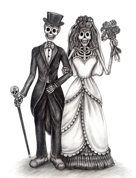 Art Couple Wedding Skulls Day Dead Handtekening Papier — Stockfoto