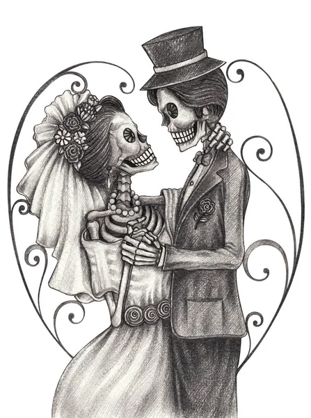 Art Couple Wedding Love Skulls Hand Drawing Paper — Stock Photo, Image