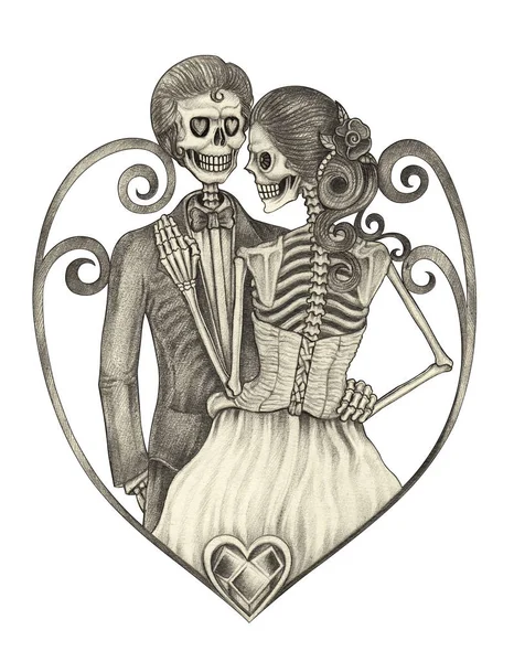 Sztuka Para Ślubne Czaszki Miłości Rysunek Ręczny Papierze — Zdjęcie stockowe