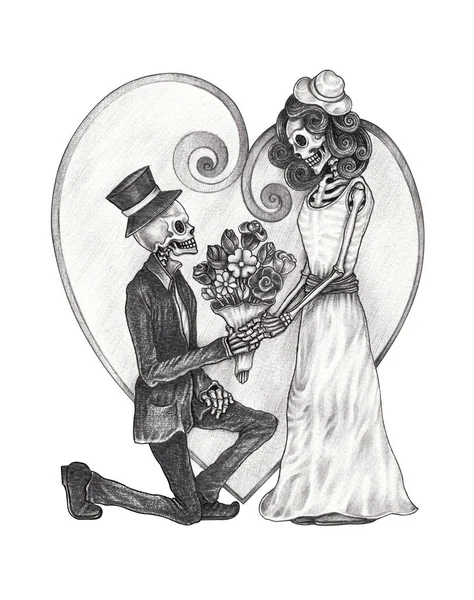 Sztuka Para Ślubne Czaszki Miłości Rysunek Ręczny Papierze — Zdjęcie stockowe