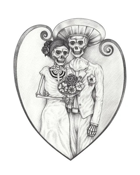 Casal Arte Casamento Amor Crânios Dia Morto Desenho Mão Sobre — Fotografia de Stock