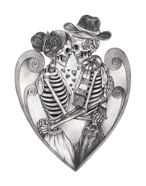 Arte Pareja Enamorada Calaveras Día Los Muertos Dibujo Mano Sobre — Foto de Stock