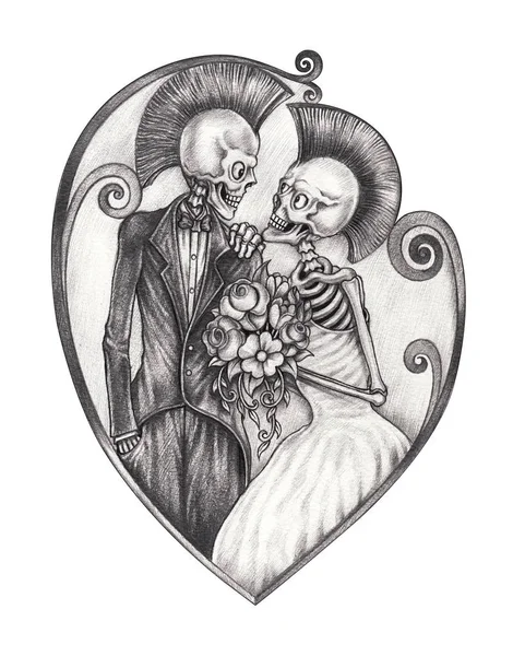 Art Couple Wedding Love Punk Skulls Hand Drawing Paper — 스톡 사진