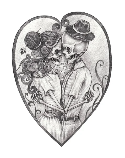 Casal Arte Amor Skulls Hand Desenho Sobre Papel — Fotografia de Stock