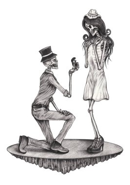 Art Surreal Çifti Sürpriz Evli Kurukafalar. Kağıda el çizimi..