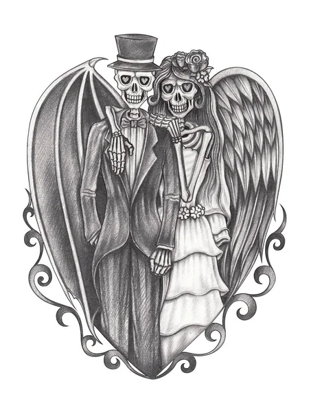 Art Couple Devil Angel Skulls Tattoo Hand Drawing Paper — 스톡 사진