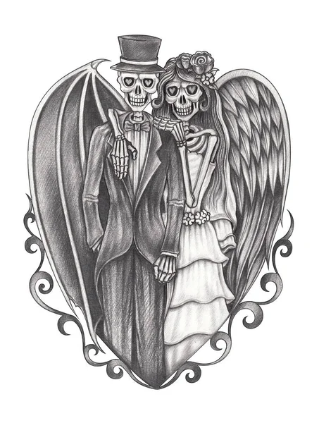 Art Couple Devil and Angel Skulls Tattoo.Hand drawing on paper.