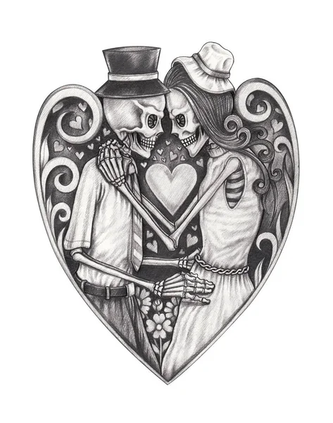 Arte Vintage Heart Mix Pareja Enamorada Calaveras Dibujo Mano Sobre —  Fotos de Stock