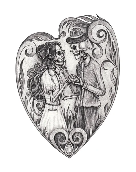 Art Vintage Heart Mix Couple Love Skulls Hand Drawing Paper — Stock Photo, Image