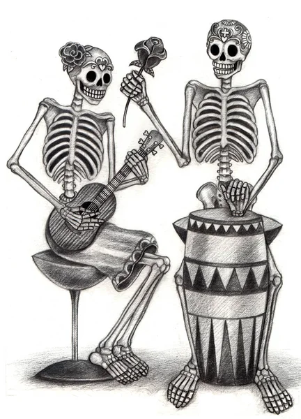 Art Couple Skulls Playing Music Day Dead Hand Drawing Paper — 스톡 사진