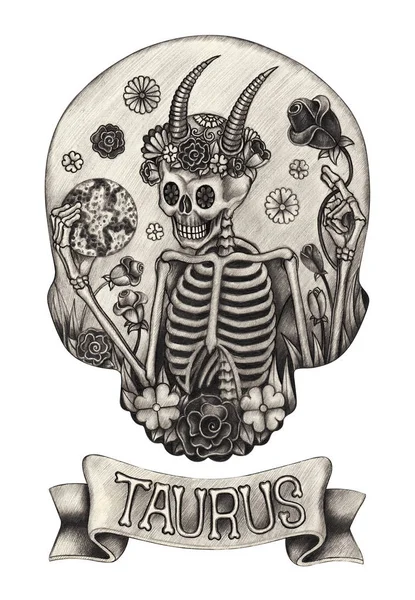 십이궁 Skull Taurus Hand Drawing Paper — 스톡 사진