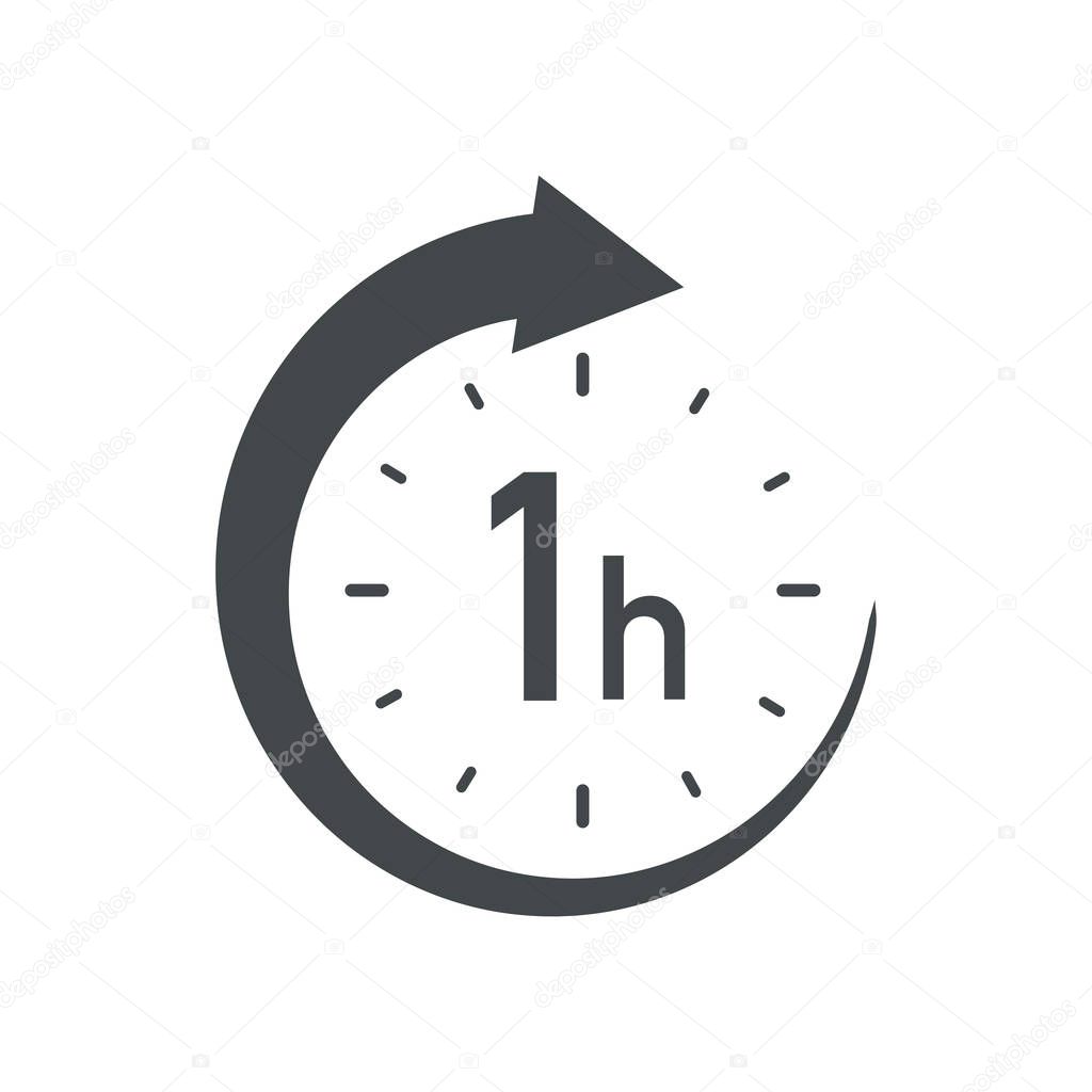 One hour round icon with arrow. Black and white vector symbol.