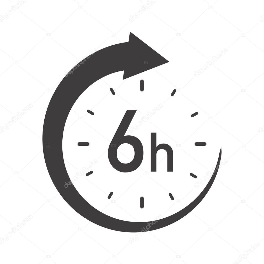 Six hours round icon with arrow. Black and white vector symbol.