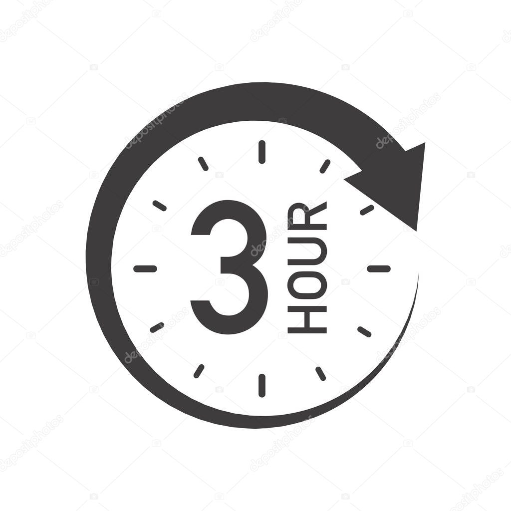 Three hours round icon with arrow. Black and white vector symbol.