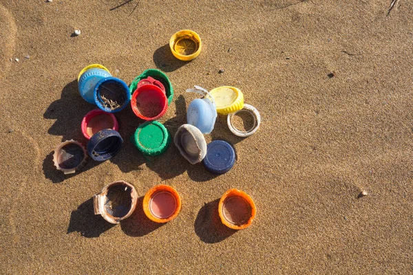 Plastic Plugs Collected Beach Ocean Plastic Pollution Concept — Stock Photo, Image