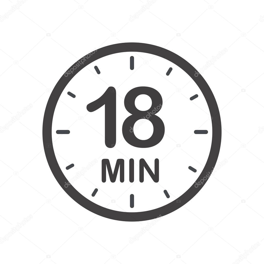Eighteen minutes icon. Symbol for product labels. Different uses such as cooking time, cosmetic or chemical application time, waiting time ...