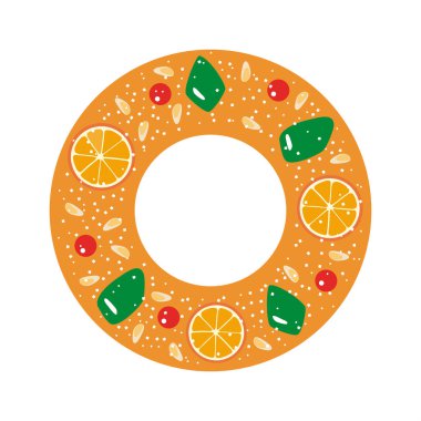 Roscon de Reyes (Kralın Pastası). İspanyol geleneksel Epifani Günü pastası. Vektör illüstrasyonu.