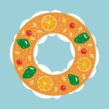 Roscon de Reyes (King's cake). Spanish traditional Epiphany day pastry. Vector illustration. clipart