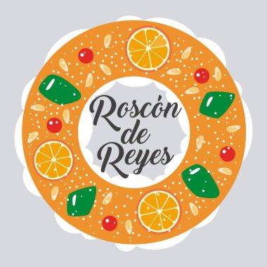 Roscon de Reyes (Kralın Pastası). İspanyol geleneksel Epifani Günü pastası. Vektör illüstrasyonu.