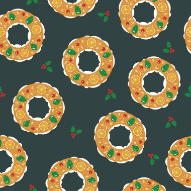 Roscon de Reyes (King's cake) seamless pattern. Spanish traditional Epiphany day pastry. Vector illustration. clipart
