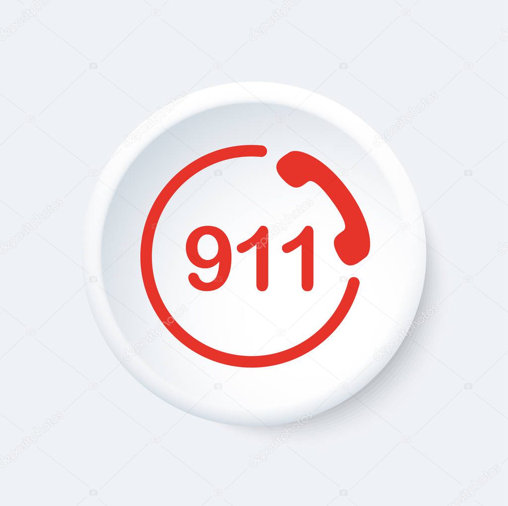 911 button. Emergency phone symbol. White and red icon.