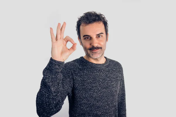 Portrait Brown Handsome Man Mustache Gray Sweater Gesturing Sign Smiling — 스톡 사진