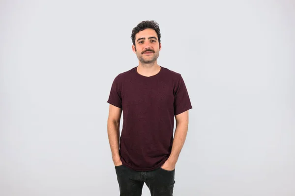 Portrait Brown Smiling Handsome Man Mustache Purple Shirt Standing Looking — 스톡 사진