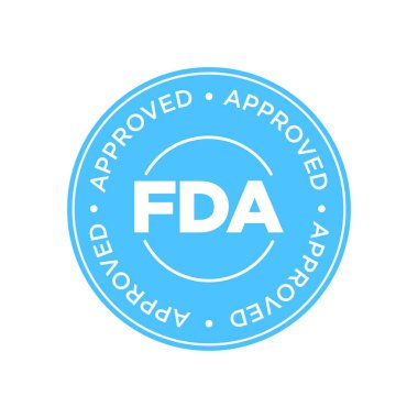 Fda Onaylı (Gıda ve İlaç İdaresi) simgesi, sembol, etiket, rozet, logo, mühür. Mavi ve beyaz.
