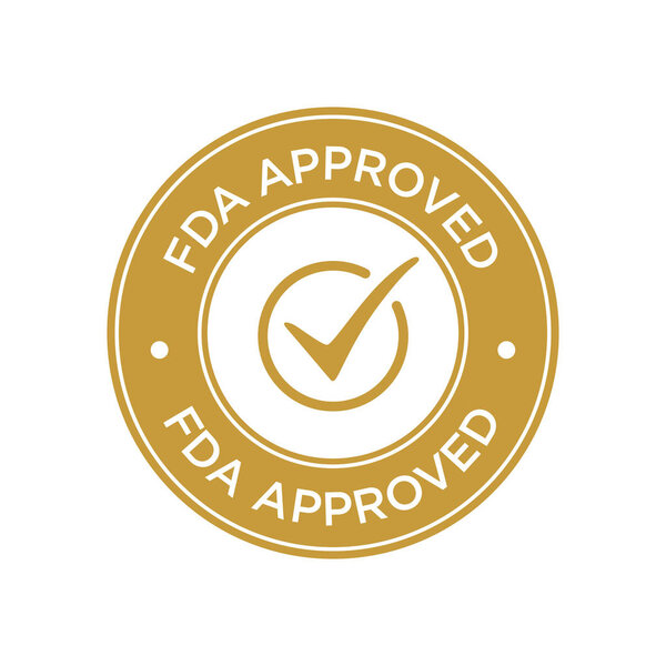 FDA Approved (Food and Drug Administration) значок, символ, этикетка, значок, логотип, печать. Золотой и белый
.