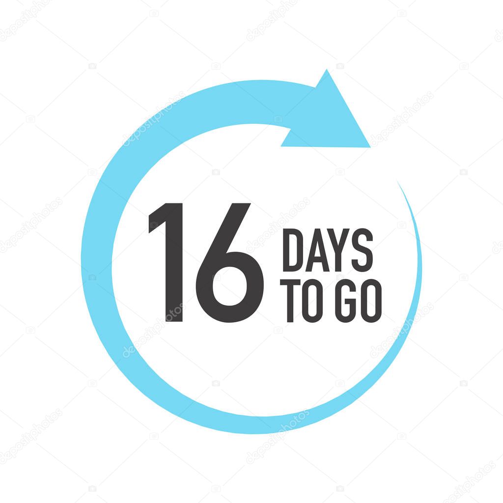 Sixteen days to go icon. Round symbol with blue arrow.