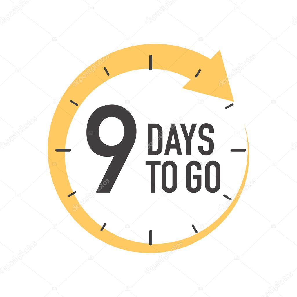 Nine days to go icon. Round symbol with yellow arrow.