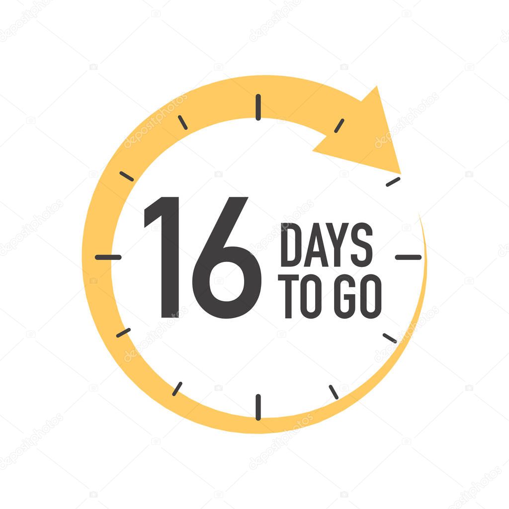 Sixteen days to go icon. Round symbol with yellow arrow.