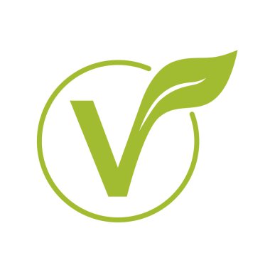 Vejetaryen ikonu. Yapraklı vejetaryen V 'si. Vektör çizimi. Düz ve yeşil tasarım.