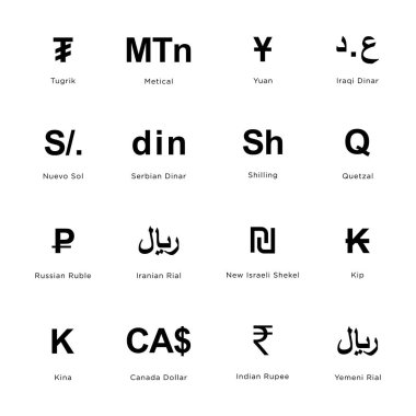 Dünya para birimi simgeleri seti: Tugrik, metical, Yuan, Irani Dinar, Nuevo sol, Sırp Dinarı, Shilling, Quetzal, Rus Rublesi, İran Riyali, Yeni İsrail Shekel, Kip, Kina, Kanada Doları, Hint Rupisi, Yemen Rial.