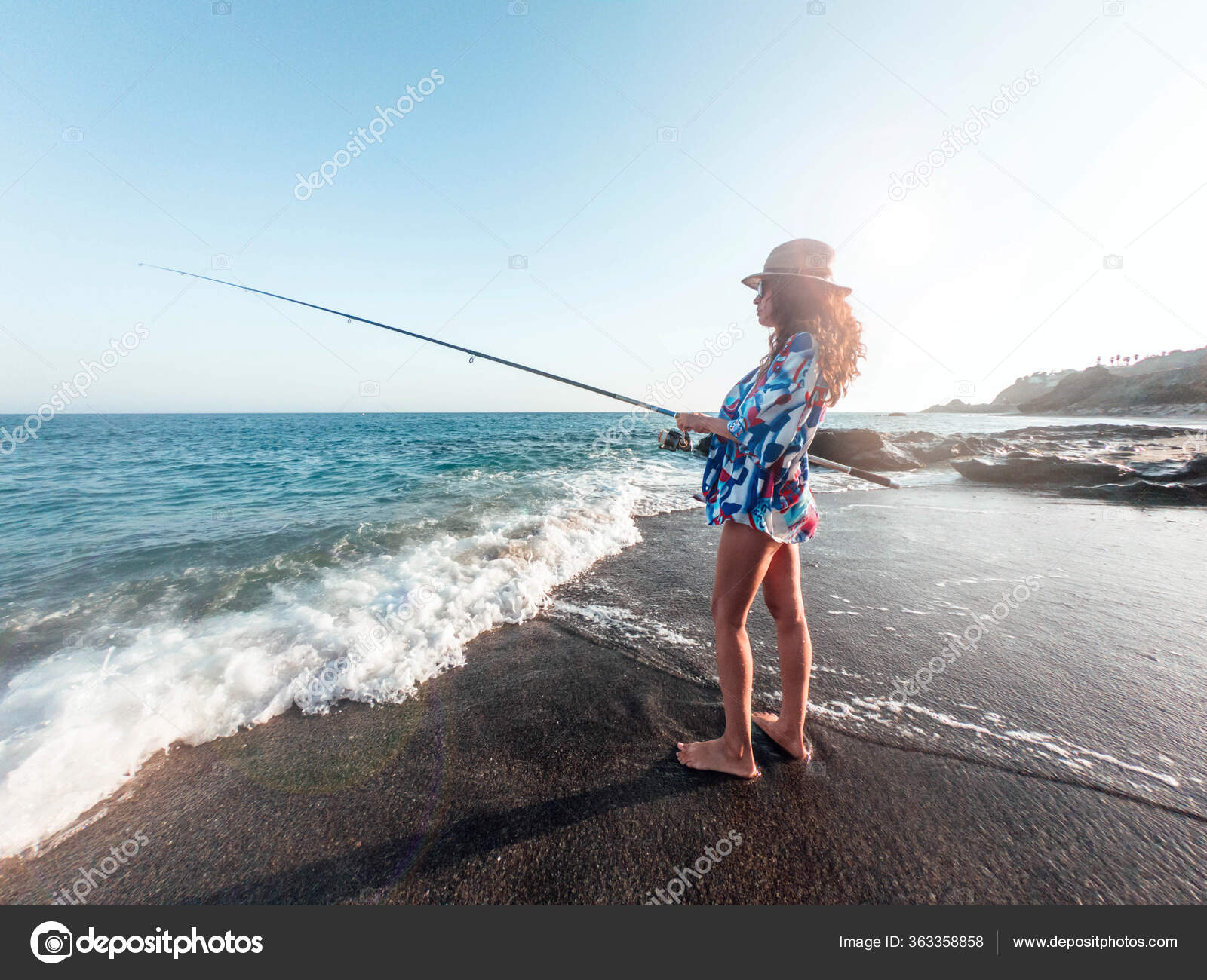 Young Girl Fishing Sunset Shore Beach Woman Hat Colorful Shirt