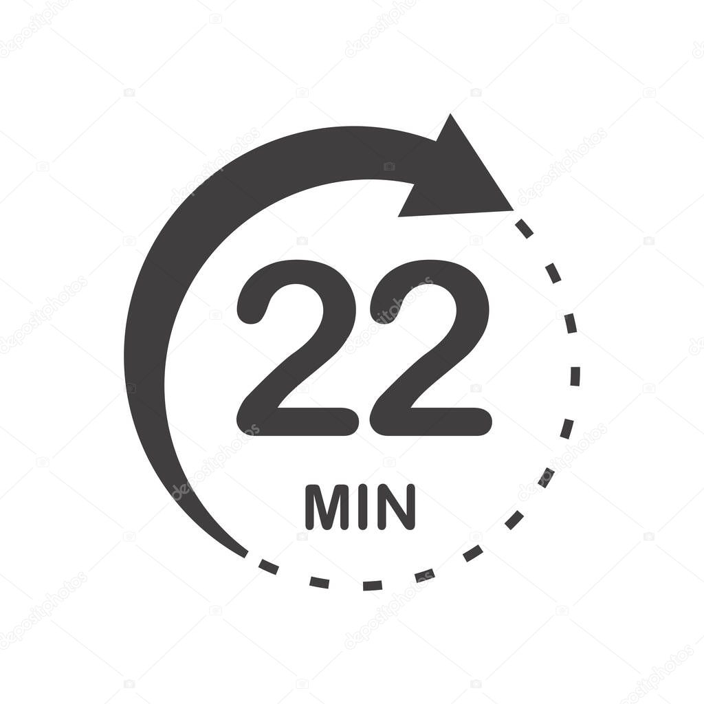 Twenty two minutes icon. Symbol for product labels. Different uses such as cooking time, cosmetic or chemical application time, waiting time...