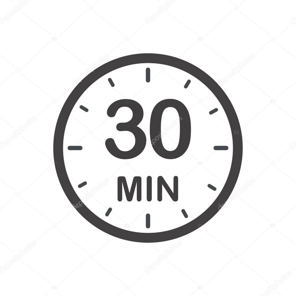 Thirty minutes icon. Symbol for product labels. Different uses such as cooking time, cosmetic or chemical application time, waiting time...