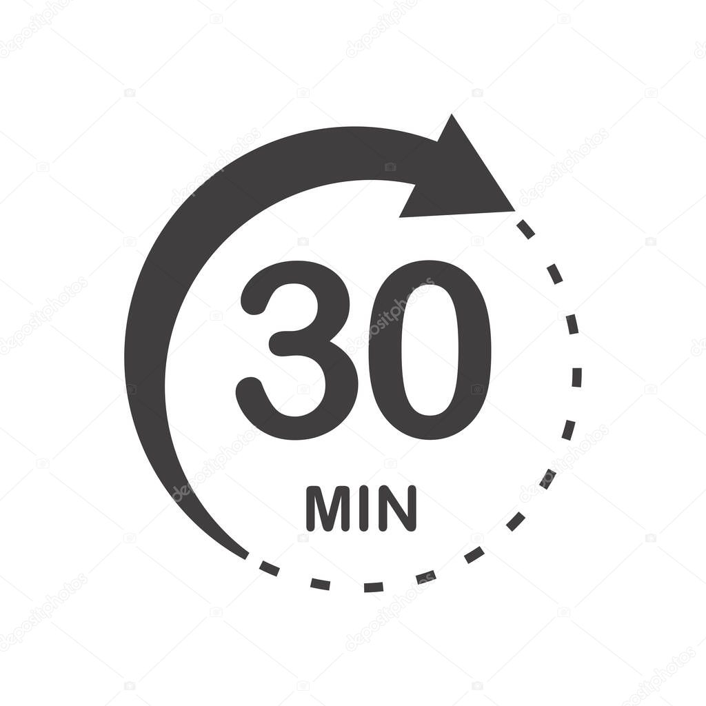 Thirty minutes icon. Symbol for product labels. Different uses such as cooking time, cosmetic or chemical application time, waiting time...