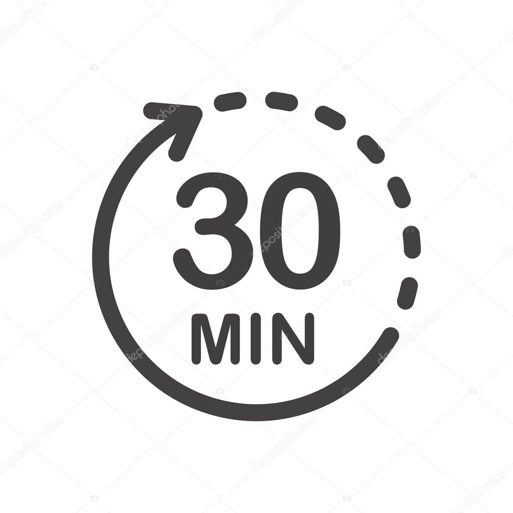 Thirty minutes icon. Symbol for product labels. Different uses such as cooking time, cosmetic or chemical application time, waiting time...